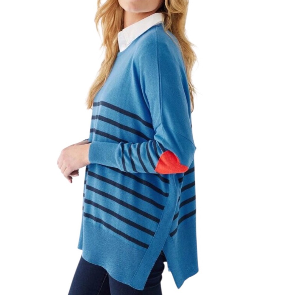 Mersea Amour Blue Stripe Red Heart Elbow PatchesTravel Sweater